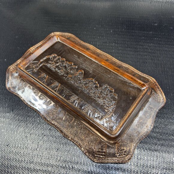 Vintage Tiara Indiana Glass Plate Tray Orange Pink The Last Supper Glass Dish - Picture 6 of 12